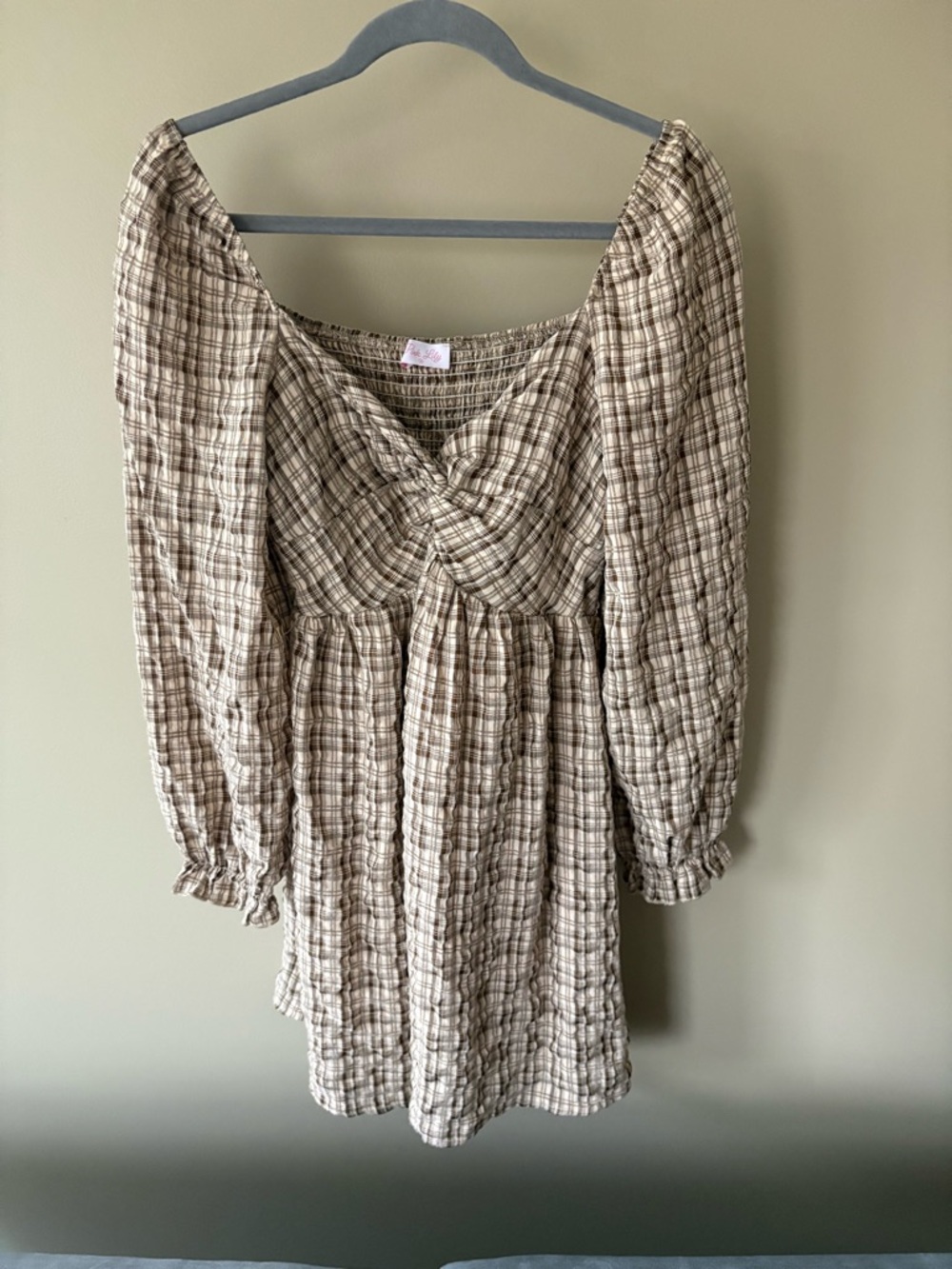 Pink Lily Beige and Cream Plaid Smocked Dress